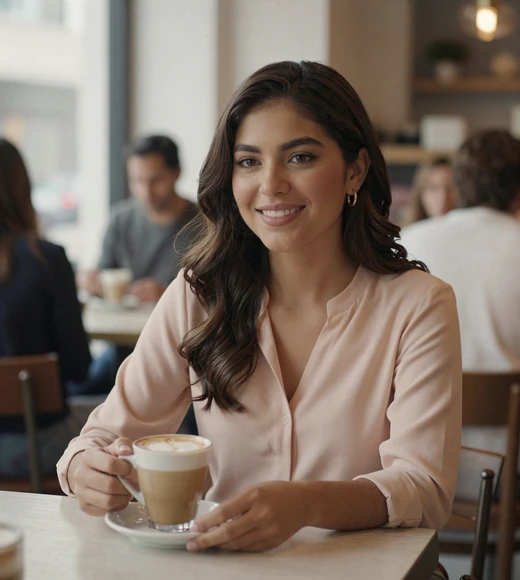Woman meeting for a safe first date at a public coffee shop after connecting on a military dating site