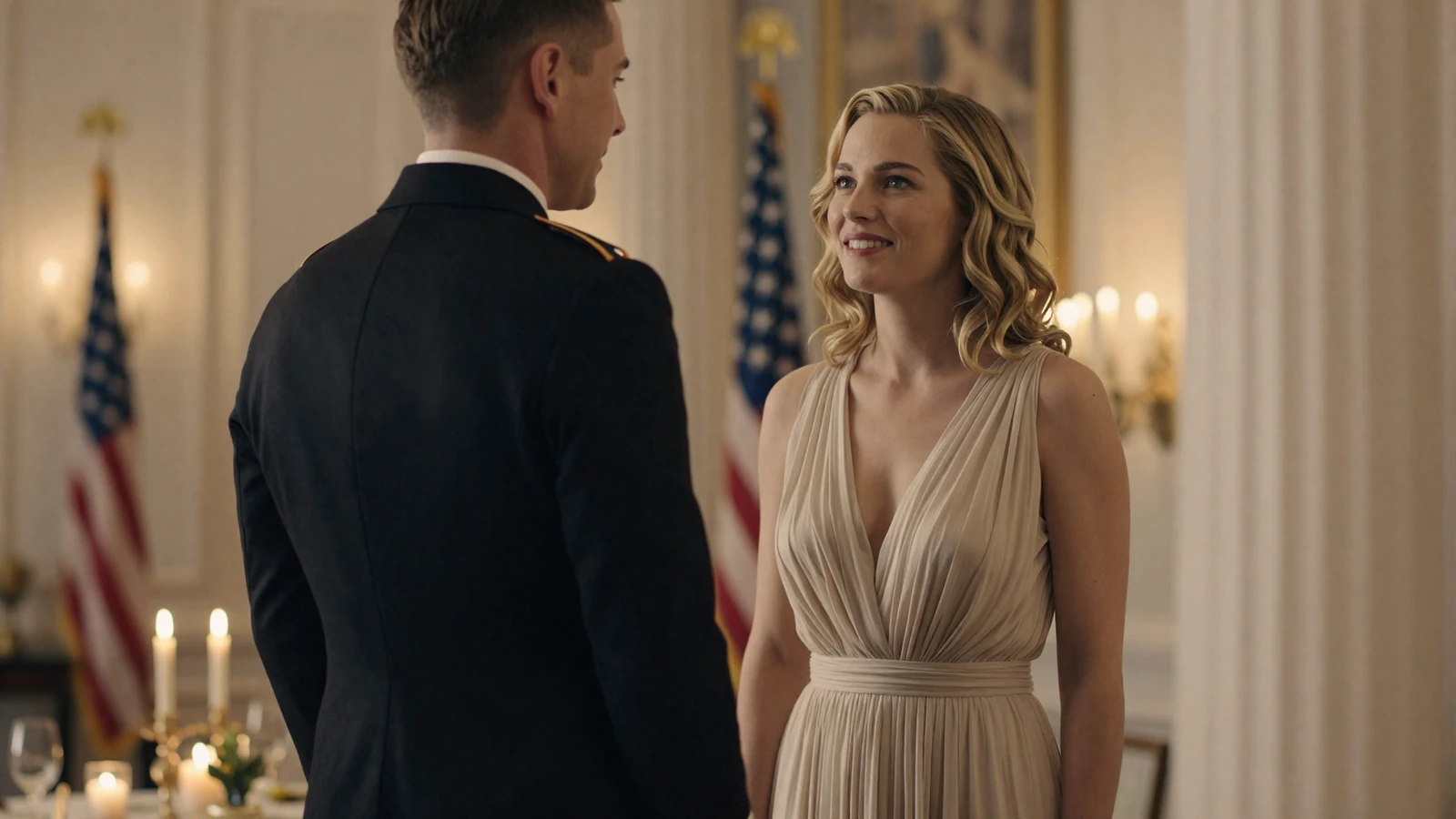 Elegant woman in a gown admiring a man in dress uniform at a gala on the HonorElite uniform dating site