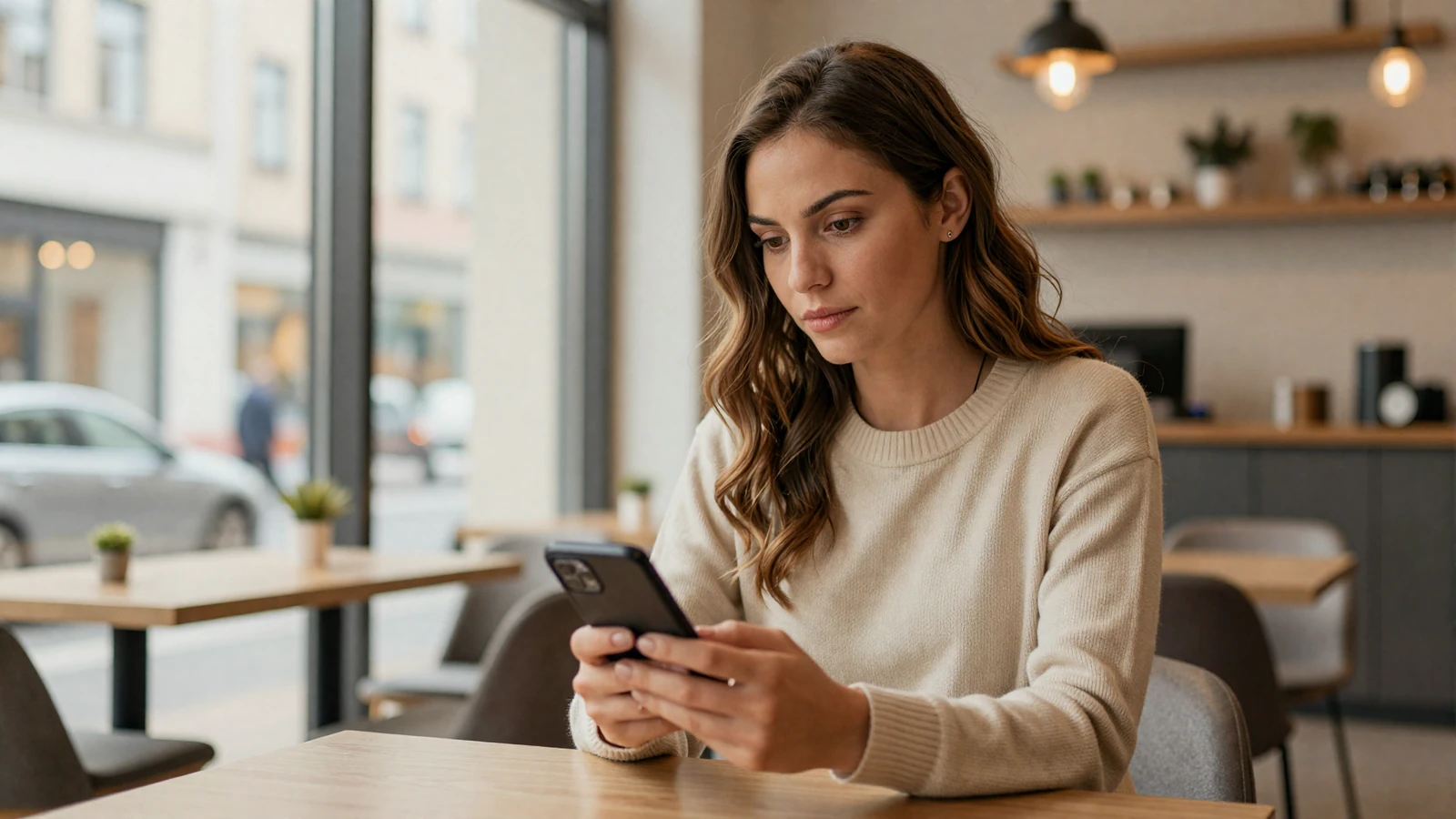 Woman reviewing her phone at a café while watching for military dating scams and fake profiles