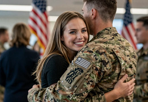 Woman at an airport homecoming reunion with an army serviceman on our army dating site