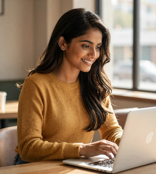 Woman smiling at a laptop in a cozy café while exploring a military social network to meet military men