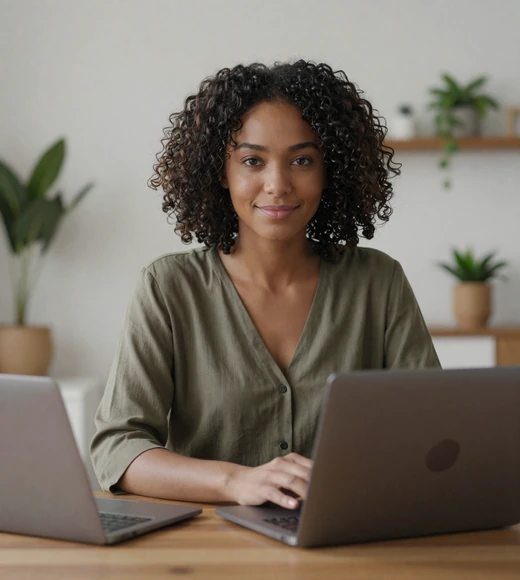 Woman using a laptop to safely browse a verified military dating site and avoid scams