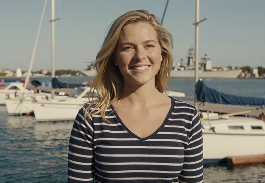 Woman on a marina waterfront with a soft naval backdrop on our navy dating site