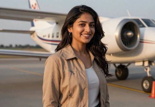 Woman near an airfield with a blurred aircraft on our military pilot dating site