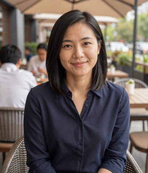 Mei, an elegant verified member on our military dating site relaxing on a restaurant terrace