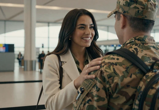 Woman greeting a returning soldier at an airport reunion on our army dating site