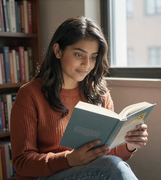Woman reading in a sunlit bookstore, reflecting the authentic style that works on military dating sites