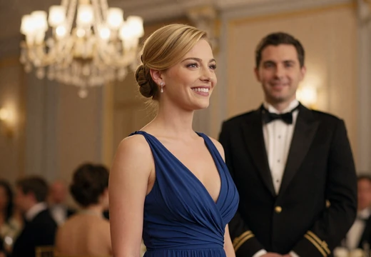 Woman in an evening gown at a gala with a man in dress uniform on our uniform dating site