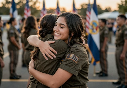 Woman at an army homecoming reunion smiling warmly on our army dating site