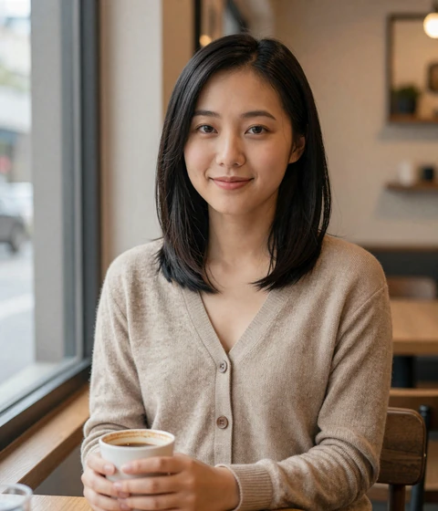 Hana, a verified member in a coffee shop admiring military pilots on our pilot dating community