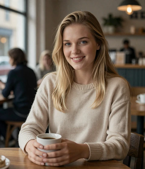 Ava, a verified female member of the HonorElite military dating site, smiling in a coffee shop