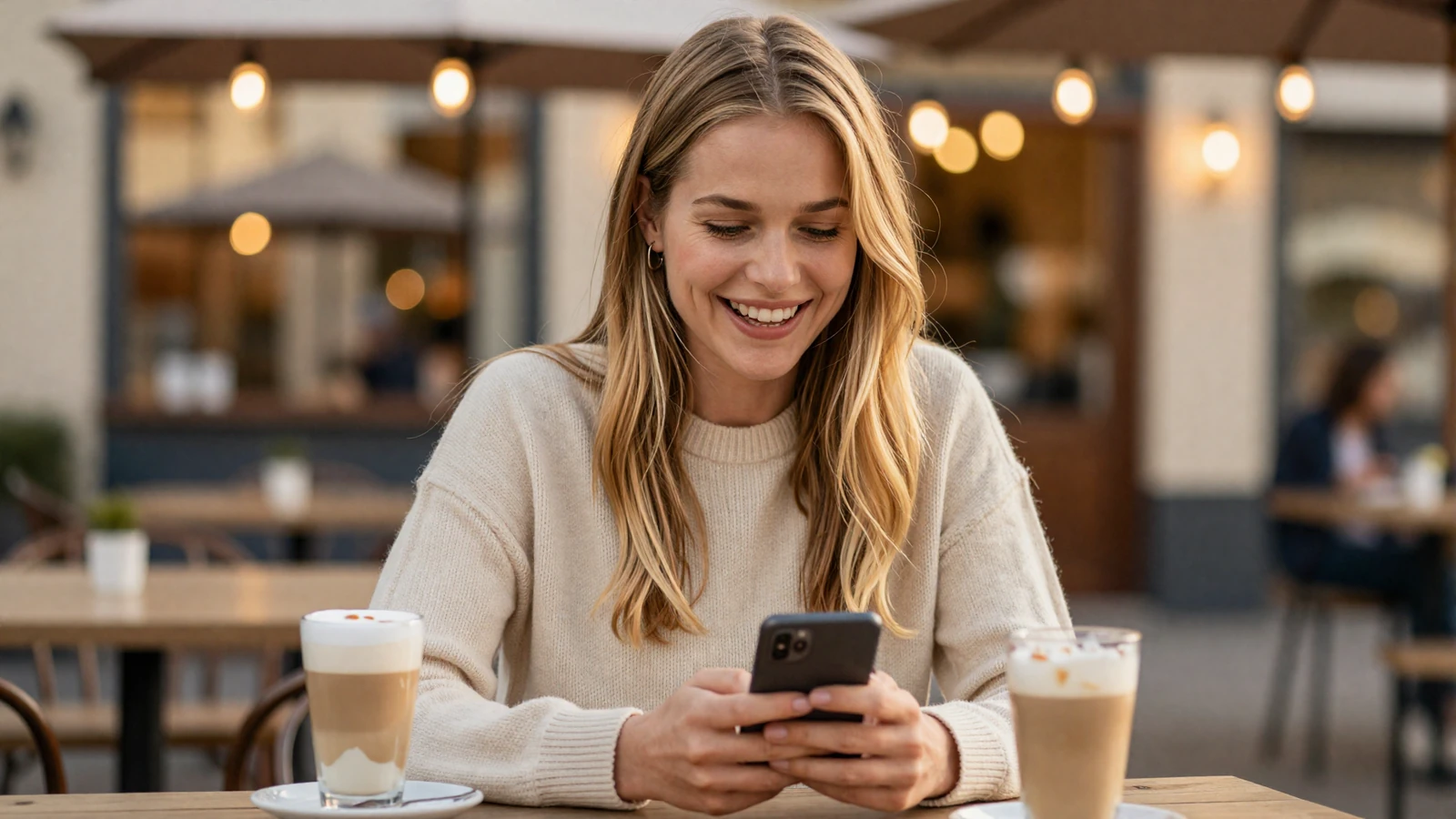 Cheerful woman laughing while texting at an outdoor cafe, sending conversation starters on a military dating site