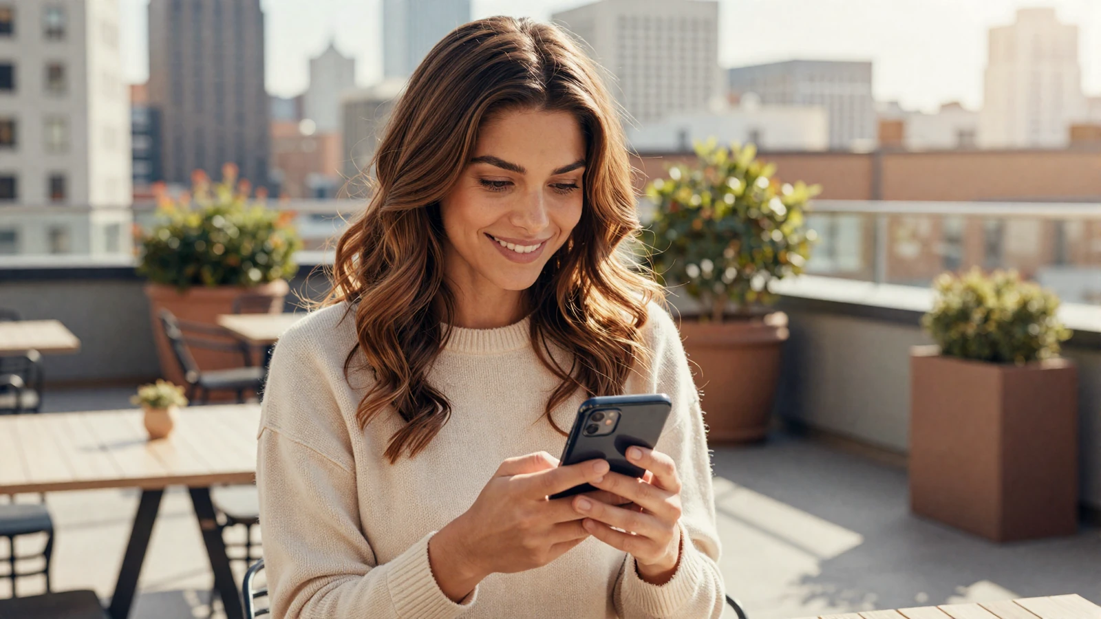 Woman on a city terrace browsing a military dating site, illustrating growing military online dating trends in 2026