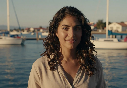 Woman on a marina waterfront with a soft naval backdrop on our navy dating site
