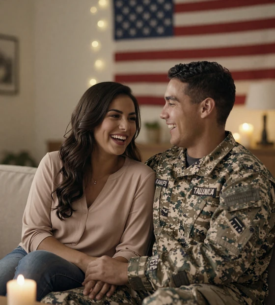 Elena and Jordan celebrating at home, a couple who fell in love during a military deployment