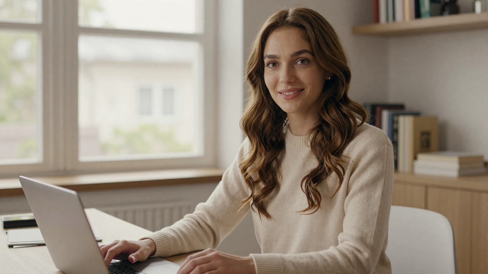 Friendly woman smiling warmly at a bright home desk, welcoming members to HonorElite military dating site support