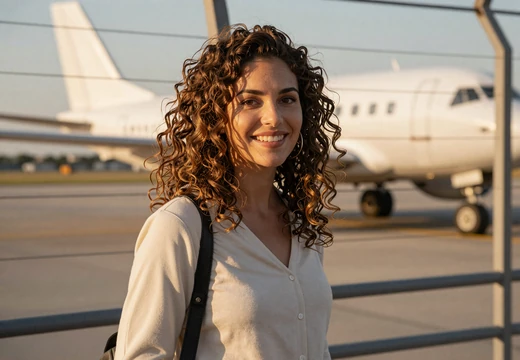 Woman near an airfield with a blurred aircraft on our military pilot dating site