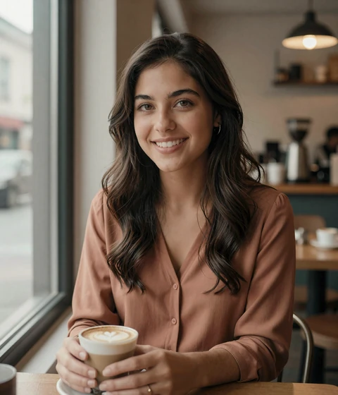 Sofia, a verified member on our army dating site smiling in a coffee shop