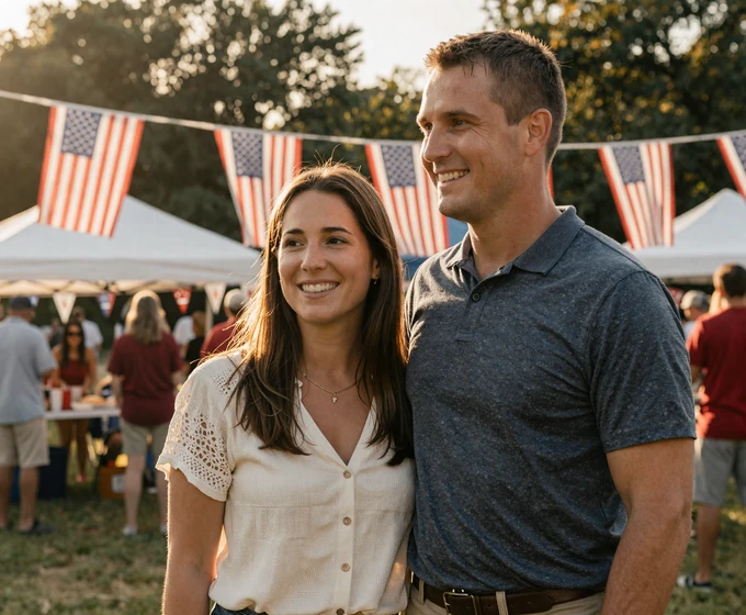 Happy couple, a woman and a veteran, sharing a moment at a patriotic community event on the HonorElite military dating site