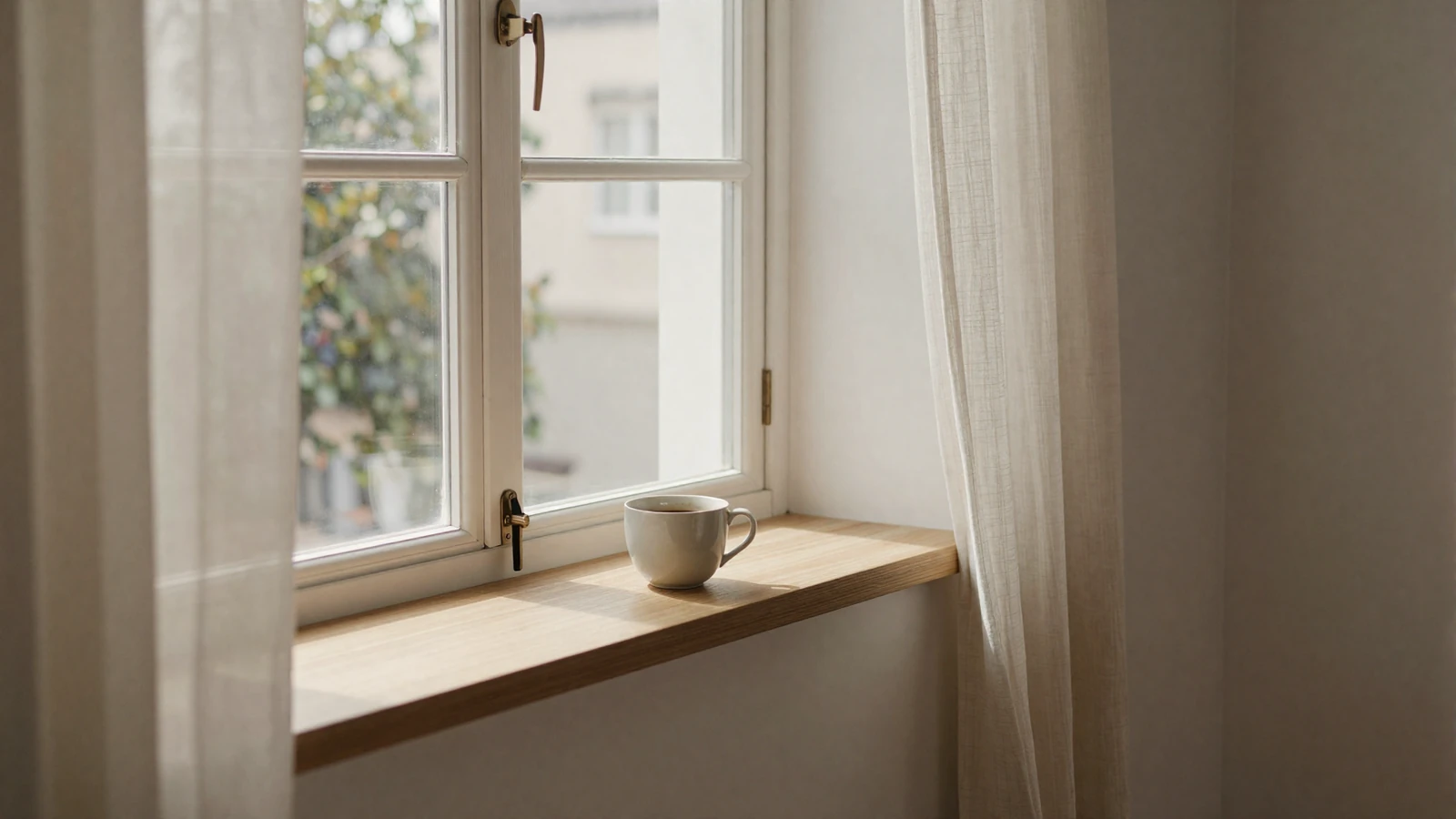 Sunlit apartment window with a coffee cup, evoking the calm transparency of our military dating site cookie policy