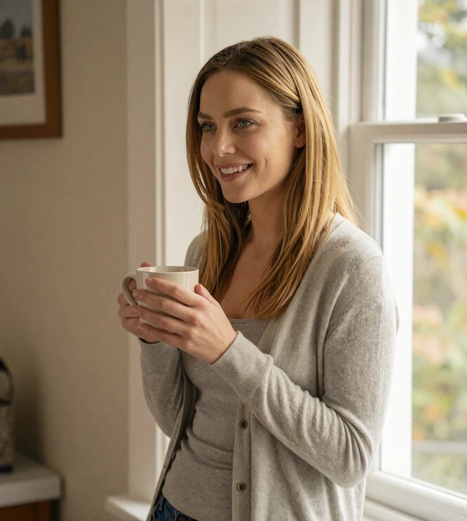 Relaxed woman smiling by a home window, representing the confidence verified profiles bring to military singles