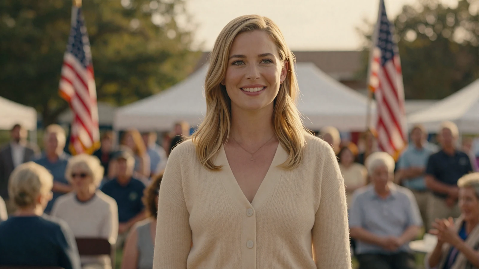 Woman smiling at a veteran community event with a softly blurred American flag on the HonorElite veteran dating site