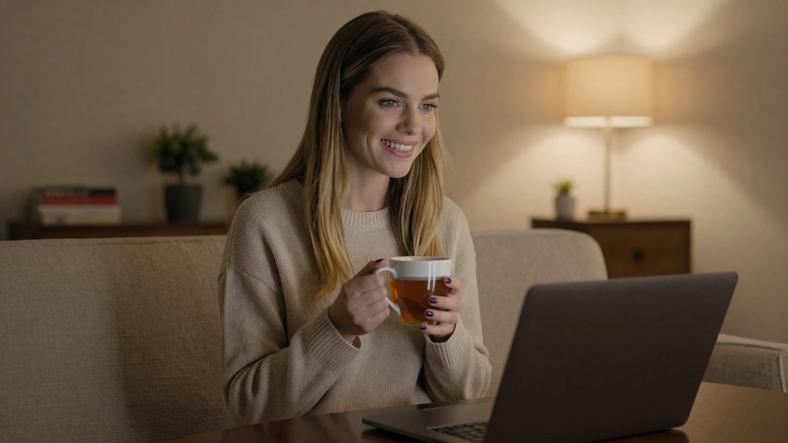 Woman smiling during an evening video call while dating a military man long distance