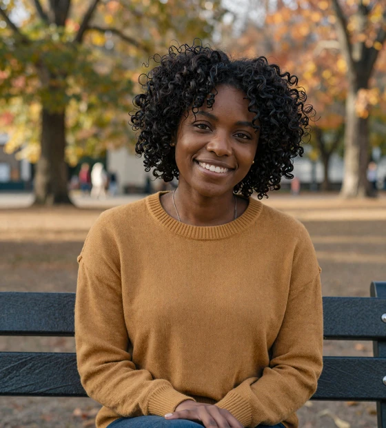 Woman relaxing on a park bench, a verified member seeking retired military singles on our veteran dating site