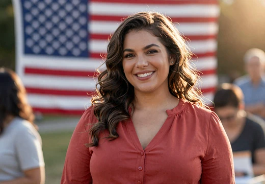 Woman smiling at a veteran community event with a soft American flag on our veteran dating site