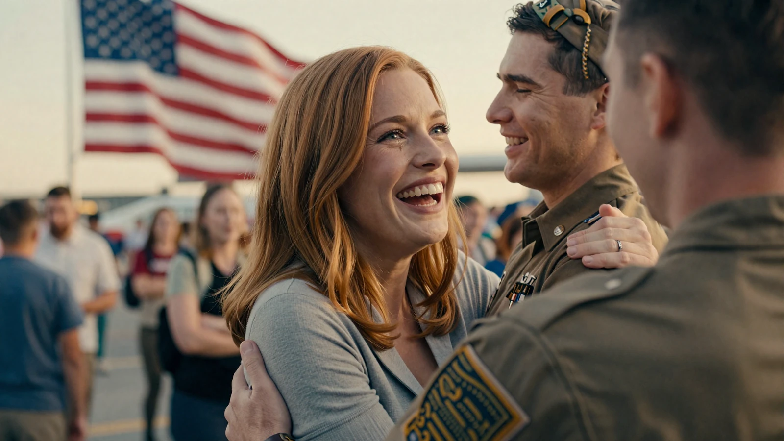 Woman joyfully reuniting with a military man at an airport homecoming, a real military love story