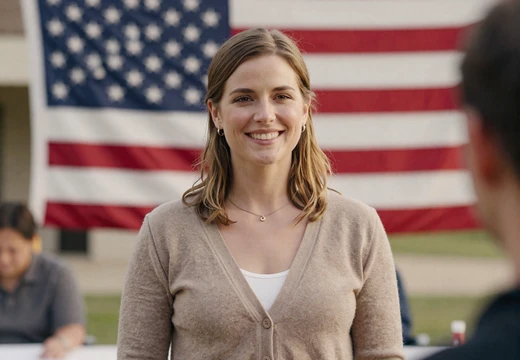Woman smiling at a veteran community event with a soft American flag on our veteran dating site