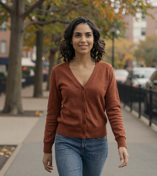 Woman smiling on a city park walk, reflecting the friendly tone that helps you meet military men online