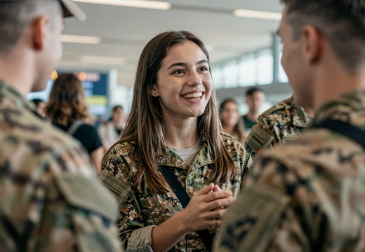 Woman greeting an army serviceman at an airport reunion on our army dating site