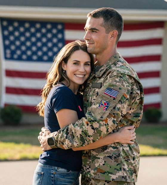 Happy couple embracing at a military homecoming after meeting on the HonorElite military dating site