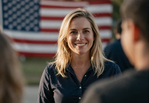 Woman smiling at a veteran community event with a soft American flag on our veteran dating site