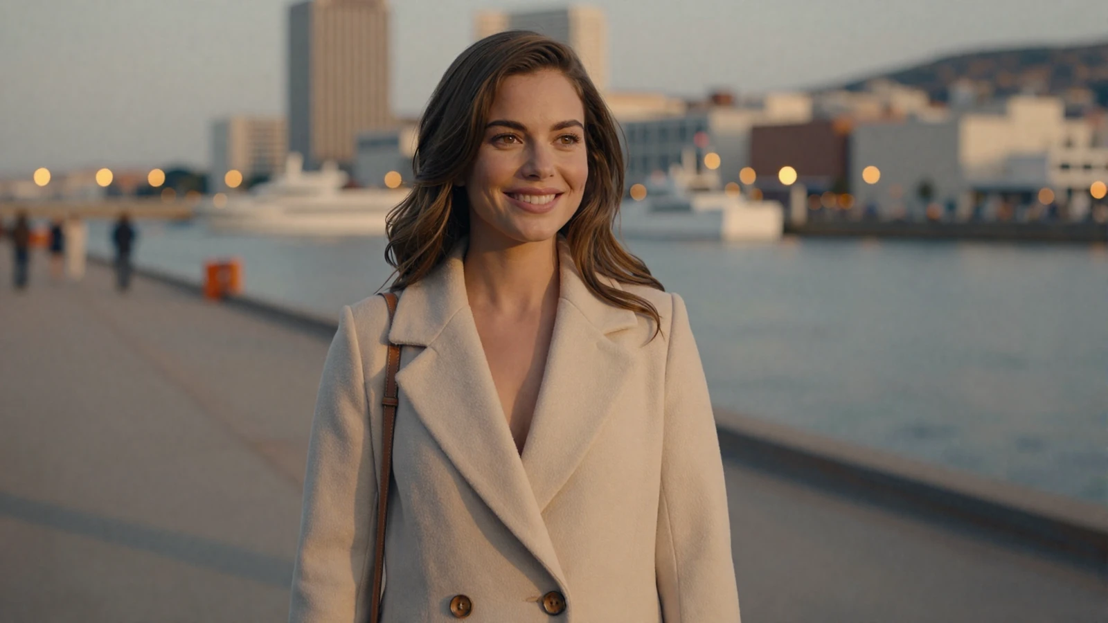Elegant woman smiling on a waterfront at golden hour, featured on the HonorElite military dating site