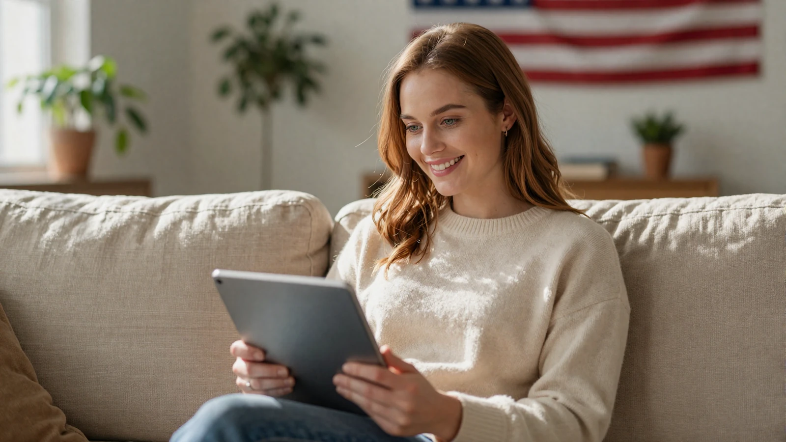 Woman smiling as she reads answers on a tablet about how the HonorElite military dating site works