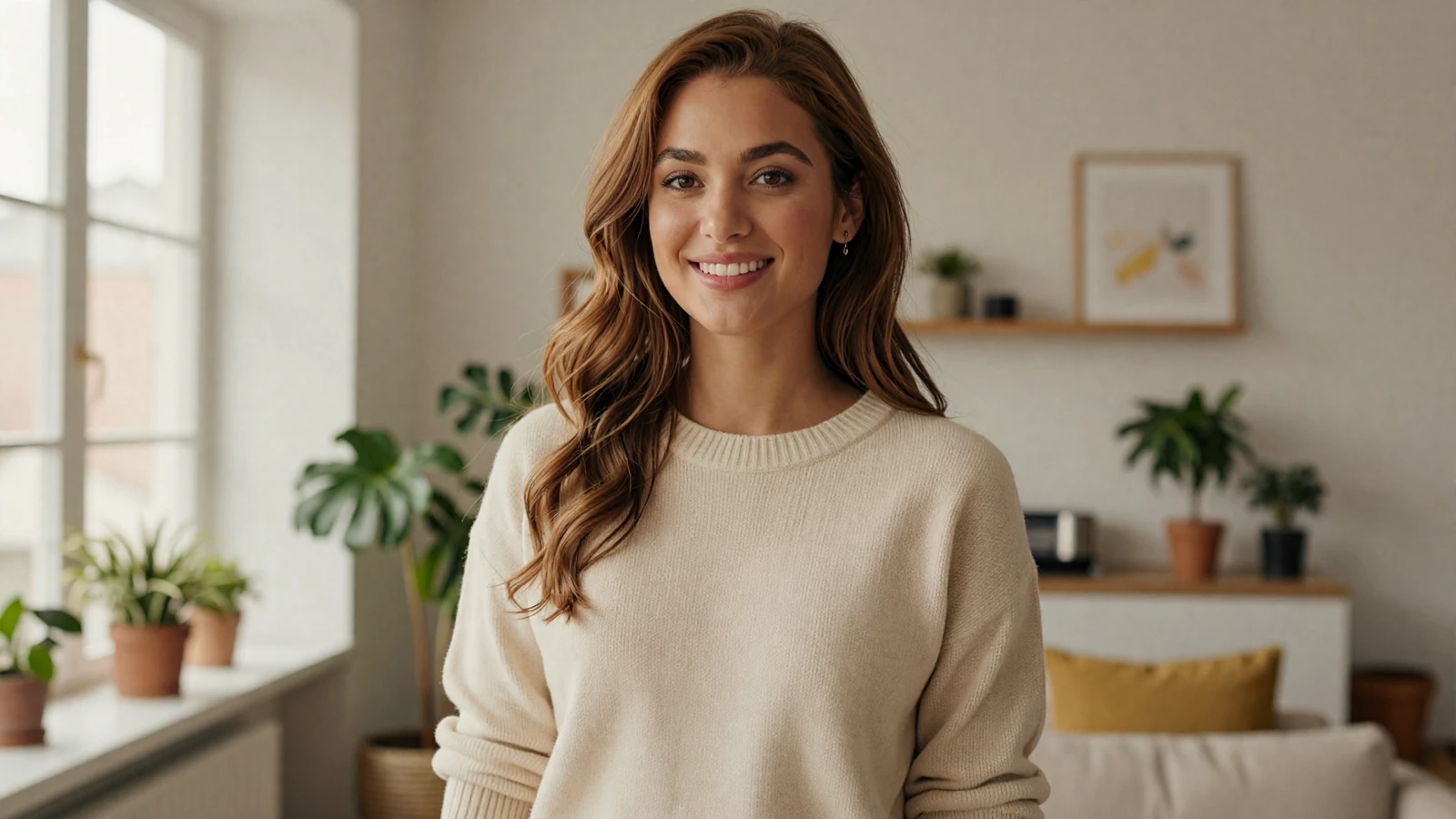 Confident woman smiling in a modern apartment, reflecting the trust that verified profiles bring to military dating sites