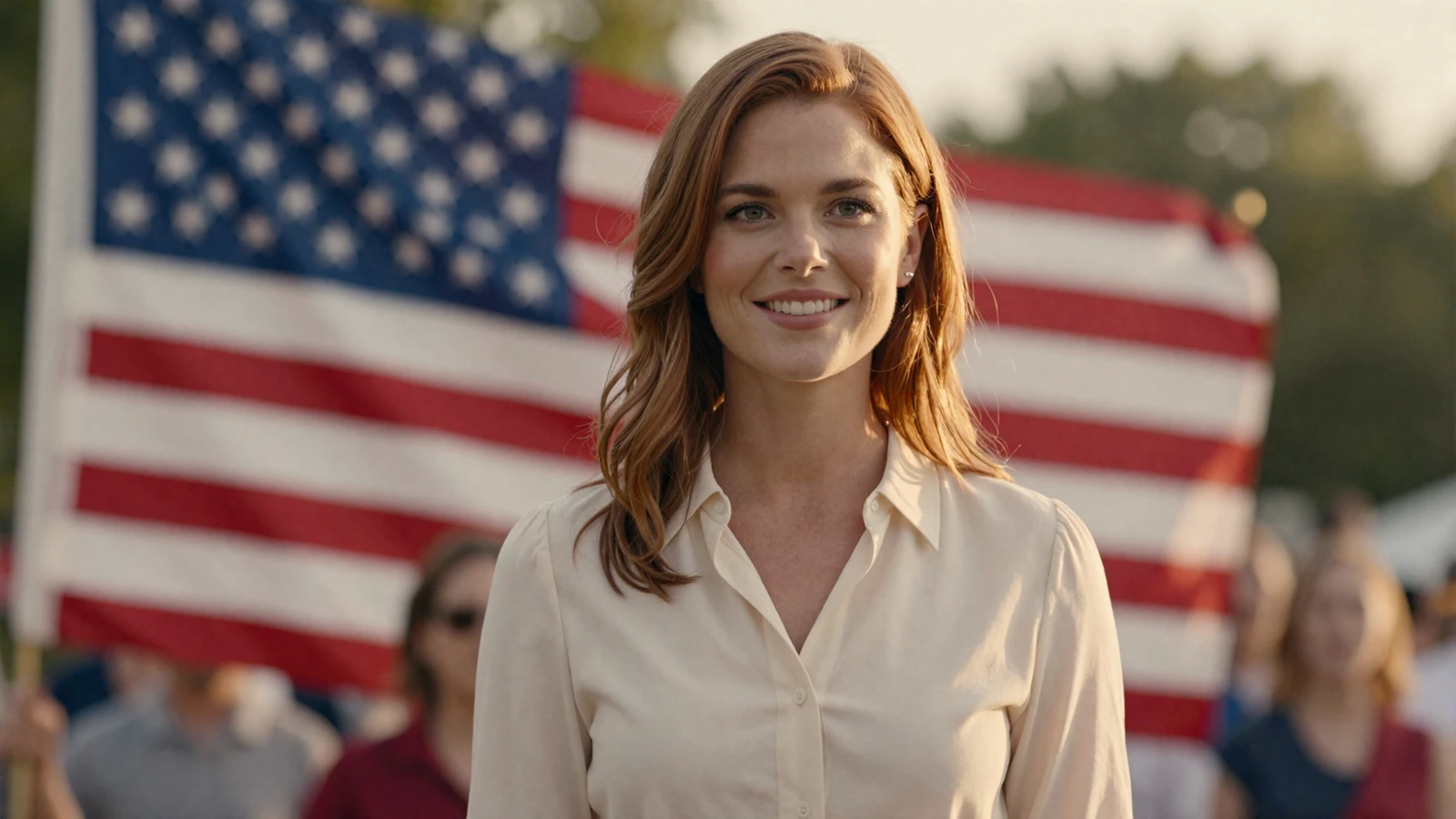 Warm smiling woman at a patriotic celebration with a softly blurred American flag, welcoming members to the HonorElite military dating site