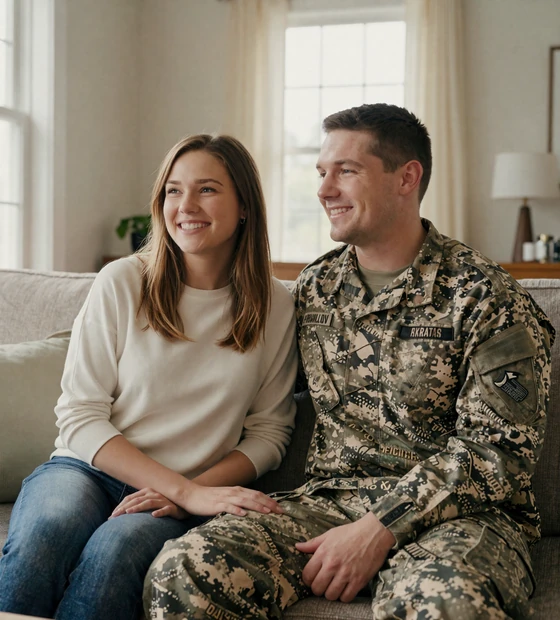 Happy couple relaxing at home, the man in casual uniform, after meeting through the HonorElite military dating site