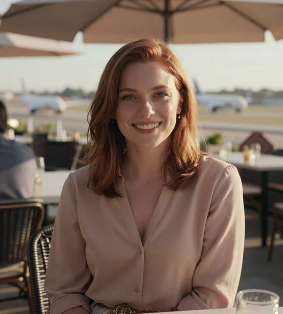 White woman on a restaurant terrace overlooking a runway, a verified member on our aviator dating site