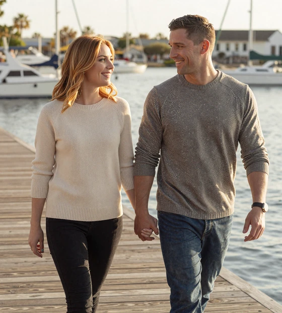 Hannah and Marcus walking on a waterfront, a couple who met through military dating