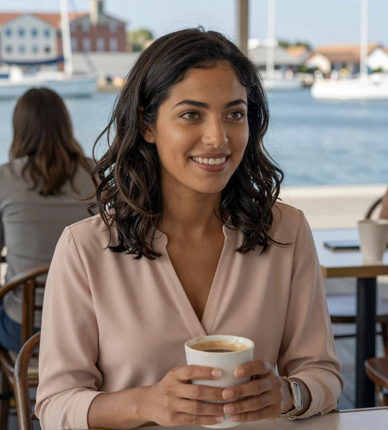 Woman at a harbor cafe, a verified member seeking navy men on our sailor dating site