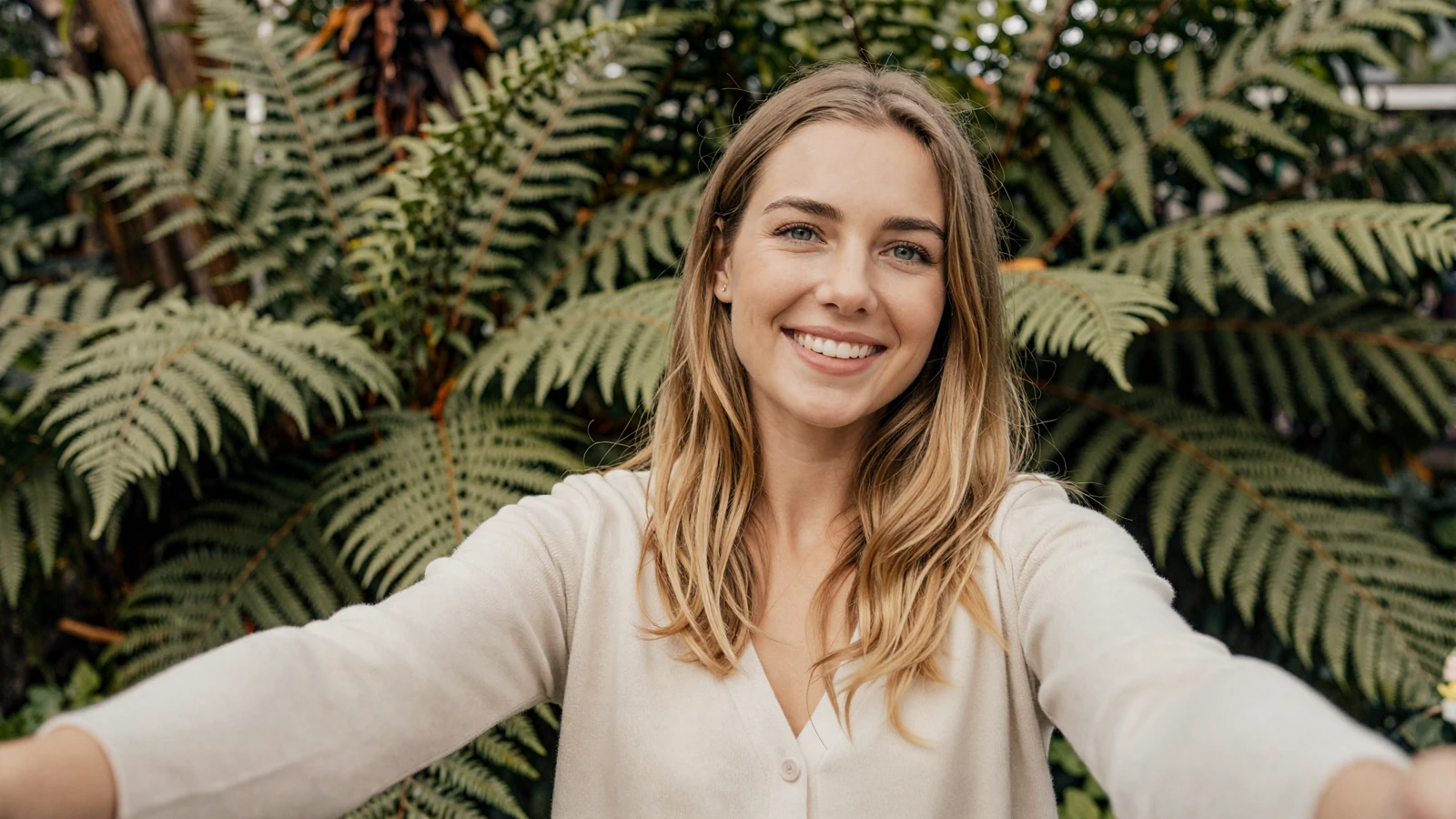Smiling woman taking a natural selfie in a botanical garden while building her military dating site profile