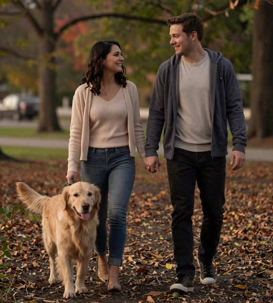 Couple walking their dog in a park at dusk after meeting through military dating on HonorElite