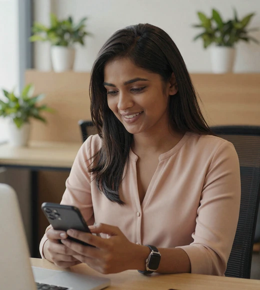 Woman smiling at her phone in a casual office, reflecting the personal future of military online dating
