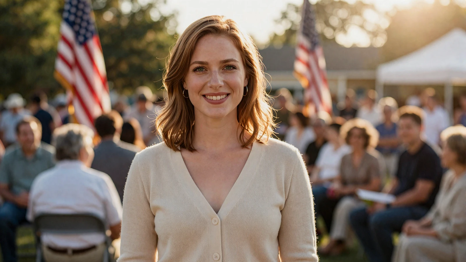 Smiling woman at a veteran community event, illustrating how a military social network helps you meet military men