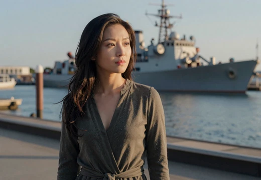 Woman on a marina waterfront with a soft naval backdrop on our navy dating site