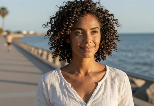 Woman on a waterfront boardwalk, representing navy dating within a military dating community