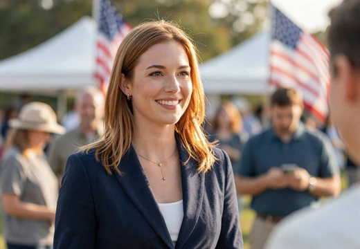 Woman smiling at a veteran community event with a soft American flag on our veteran dating site